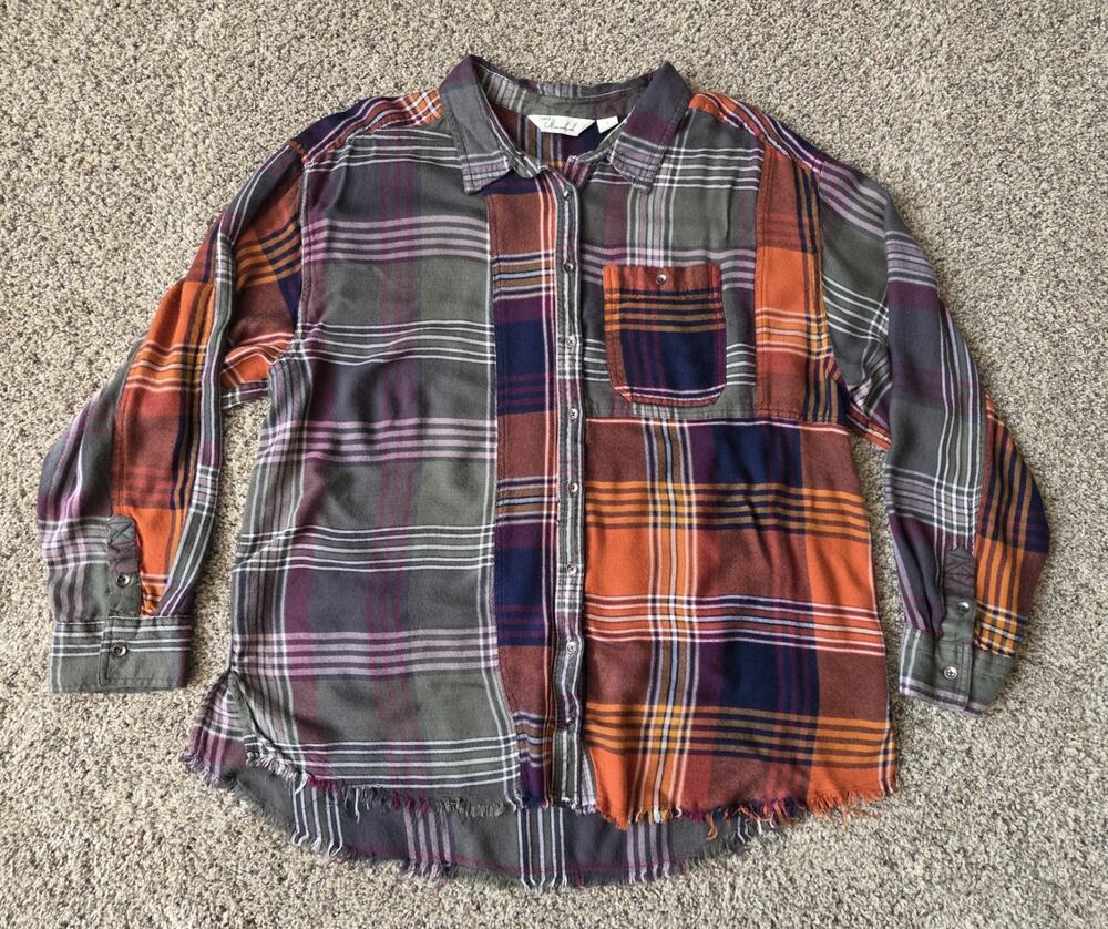 Caffé Marrakesh Patchwork Plaid Flannel Shirt Women's L Frayed Hem %100 Rayon